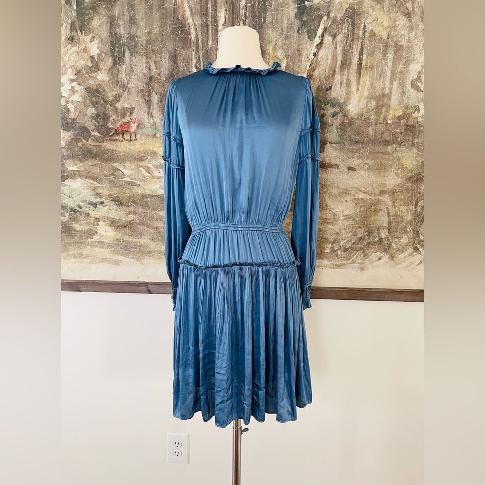 Anthropologie Teal Blue Long Sleeve Ruffle Waist Dress